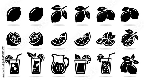Foto Versatile lemon fruit concept and refreshing citrus drink silhouettes vector ico