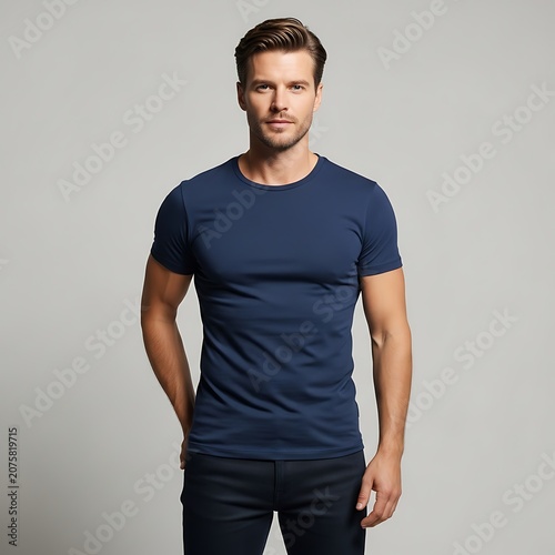 Handsome young adult male model poses wearing a fitted dark blue short sleeved top and dark pants