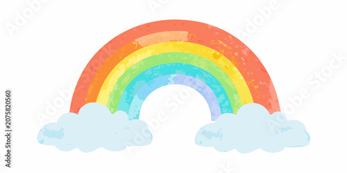 Fotografi Rainbow illustration with clouds painted watercolor style on a white background
