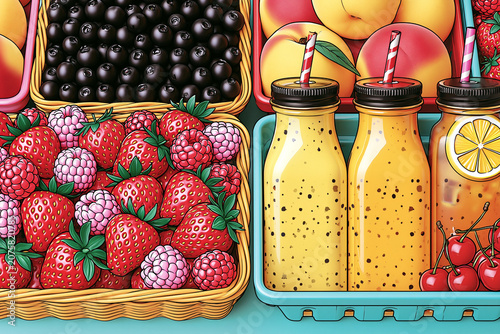 Tropical Fruit Drinks and Berries in Colorful Market Baskets