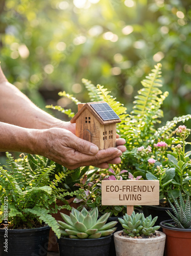 Sustainable solar house model in hands with garden and green energy concept