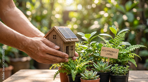 Sustainable solar house model in hands with garden and green energy concept