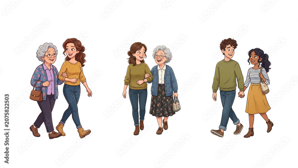 Obraz premium Set of illustrations showing different relationships and generations walking