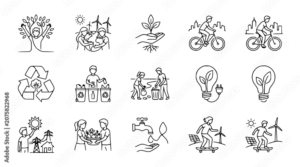 Fototapeta premium Eco-friendly lifestyle icons: recycling, clean energy, nature, sustainability, healthy living