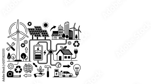Obraz na plátně Hand drawn vector illustration of abstract tree symbol with urban city town hous