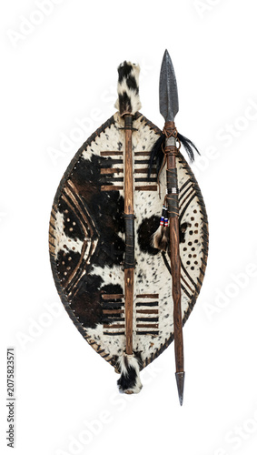 Traditional African Zulu shield and spear set made of cowhide and wood isolated on transparent background