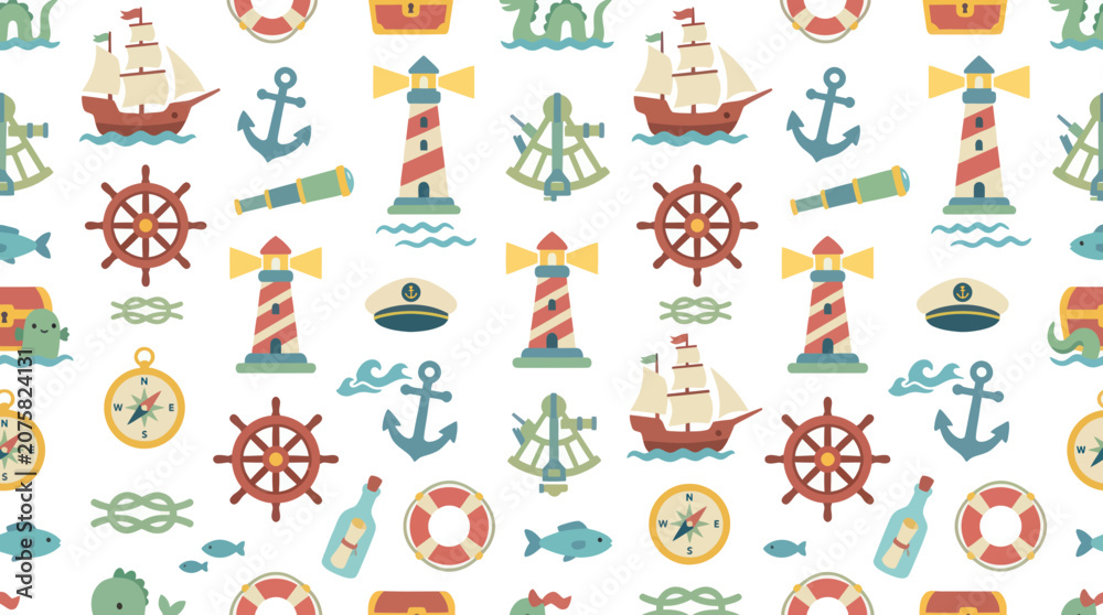 Fototapeta premium Nautical Vector Seamless Pattern: Ships, Lighthouses, Compasses, Anchors, Flat