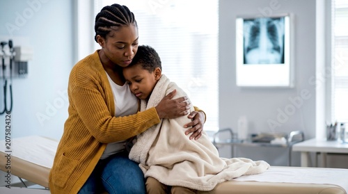 A caring young African American mother comforts her sad little boy wrapped in a blanket at the doctor's office.