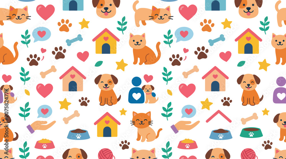 Fototapeta premium Cute Cartoon Seamless Pattern of Pets, Dogs, Cats, Houses, Hearts, Paws