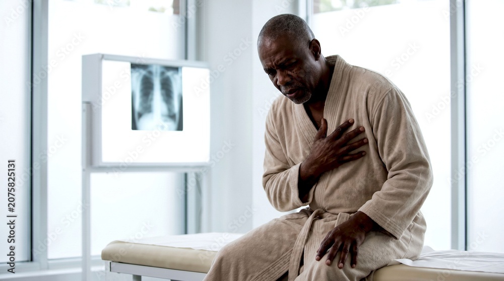 Fototapeta premium An older African American man in a hospital gown holds his chest in pain while sitting in a bright examination room.