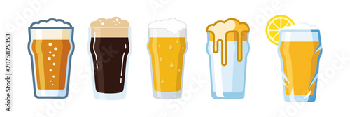 Konstfotografi Foamy Beer Glass Vector Collection with Lager, Stout and Wheat Beer for Internat