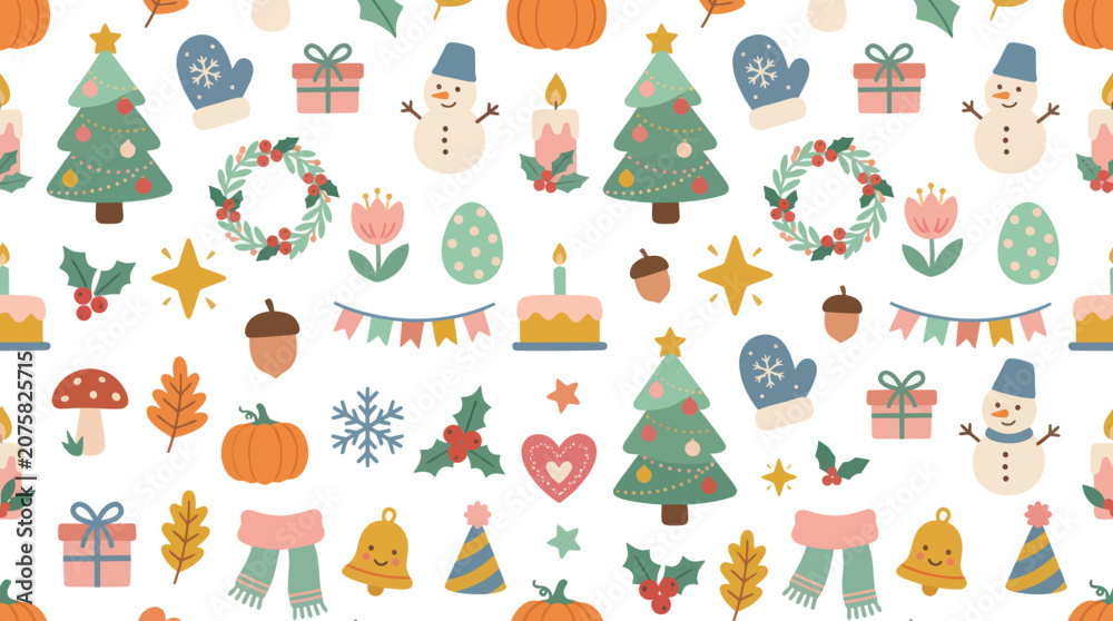 Naklejka premium Cute Flat Vector Seamless Pattern: Festive Holiday Seasonal Elements for Christmas, Autumn, and Winter