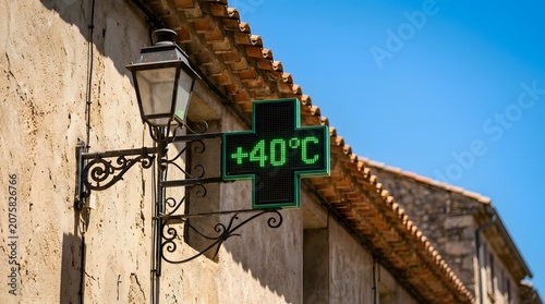 Green Neon Pharmacy Cross Displaying High Temperature Reading During Summer Heatwave on Historic Stone Building Wall