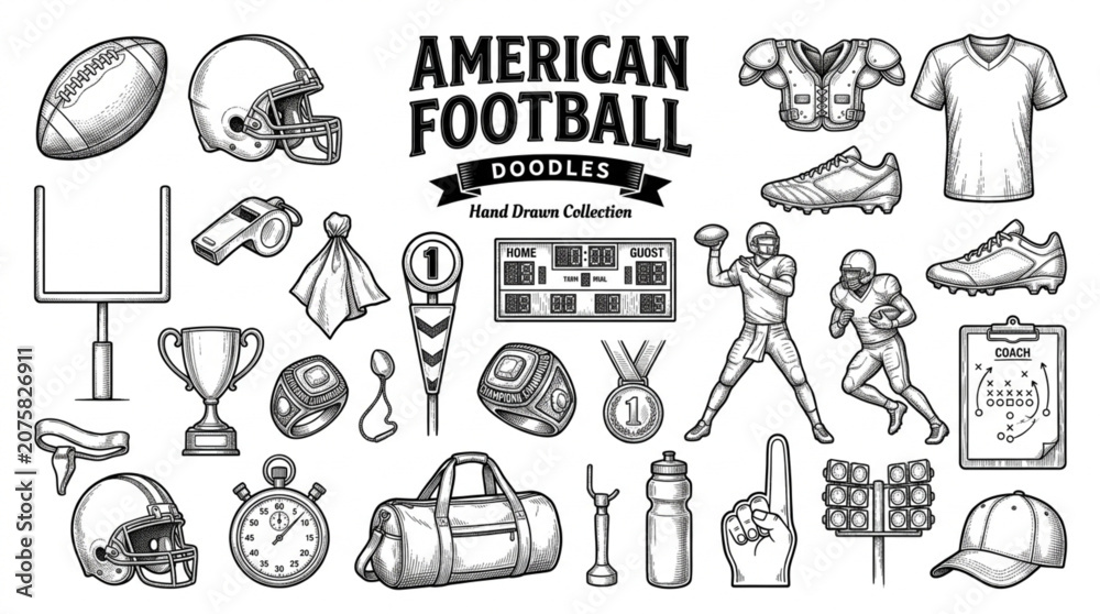 Obraz premium Hand-drawn collection of American football essentials, featuring game equipment, player actions, and field elements in a dynamic doodle style