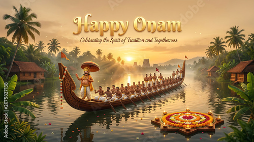 Traditional onam boat procession with decorated floral arrangement vibrant cultural celebration and serene sunset backdrop in kerala india