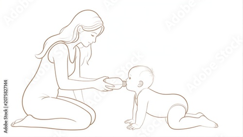 Mother feeds baby from bottle while infant crawls on floor.