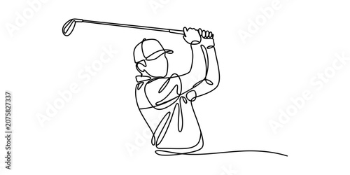 Continuous single line drawing of a golfer playing golf with a club
