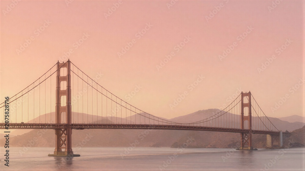 Fototapeta premium Golden Gate Bridge at dawn, pink sky, calm water, distant mountains.