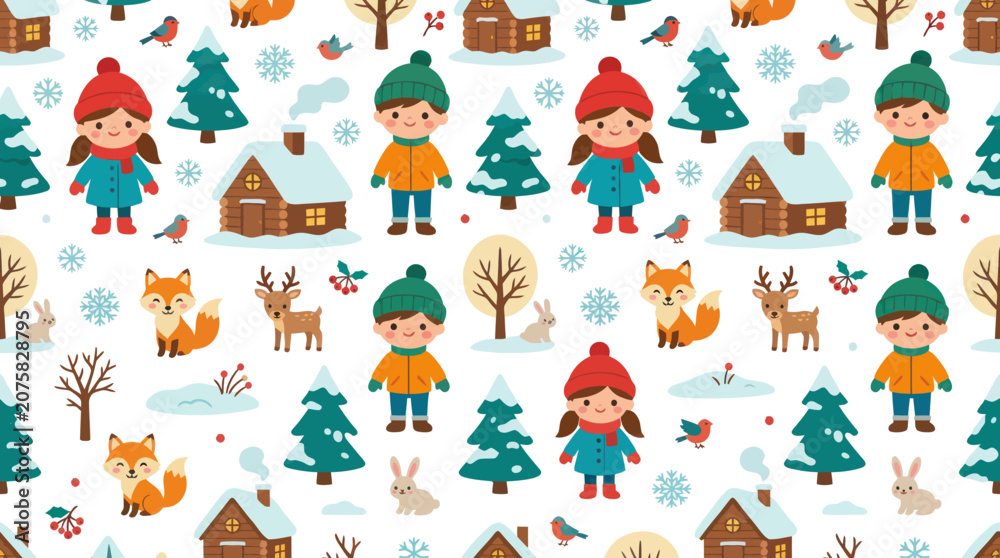 Fototapeta premium Cute Winter Holiday Seamless Pattern with Cartoon Children, Animals, and Snowy Houses - Flat Vector Illustration