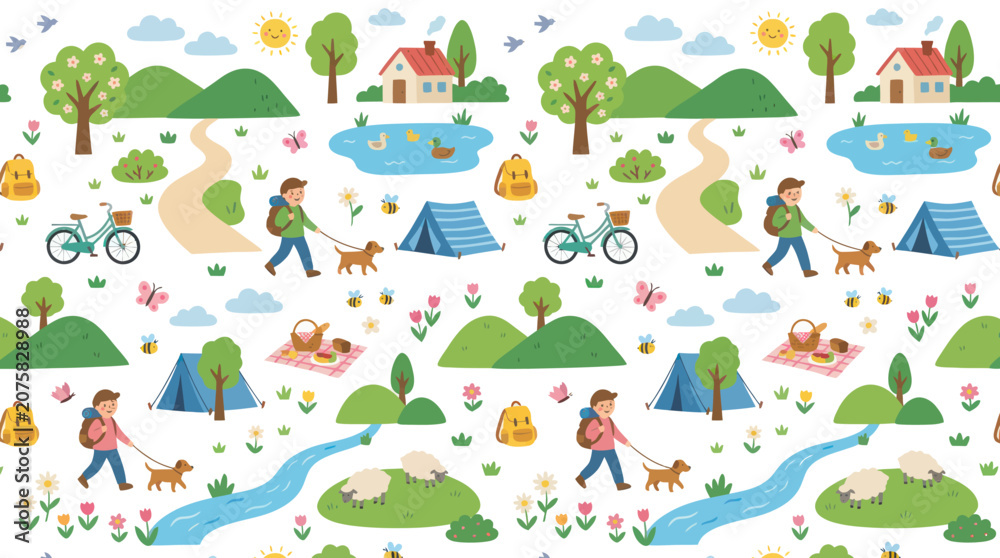 Naklejka premium Cute Cartoon Seamless Pattern of Happy Camping and Outdoor Activities
