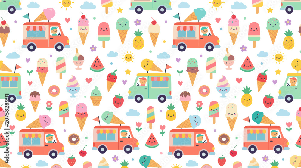 Naklejka premium Cute Ice Cream Trucks and Popsicles Seamless Pattern, Food Art Style