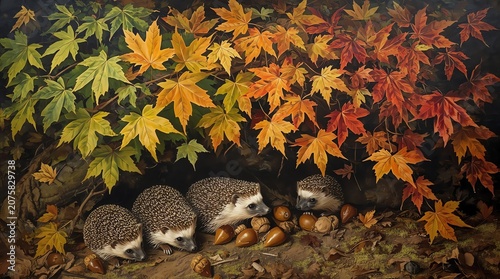 Three Hedgehogs Underneath Vibrant Autumn Leaves.