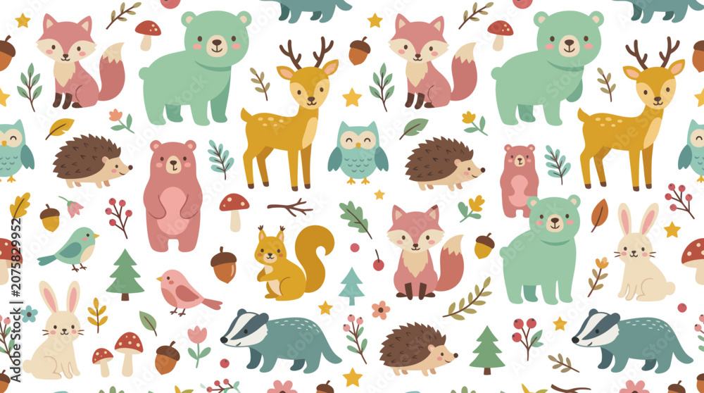 Naklejka premium Cute Forest Animals Pattern, Woodland Creatures Seamless Background, Flat Design Vector Illustration