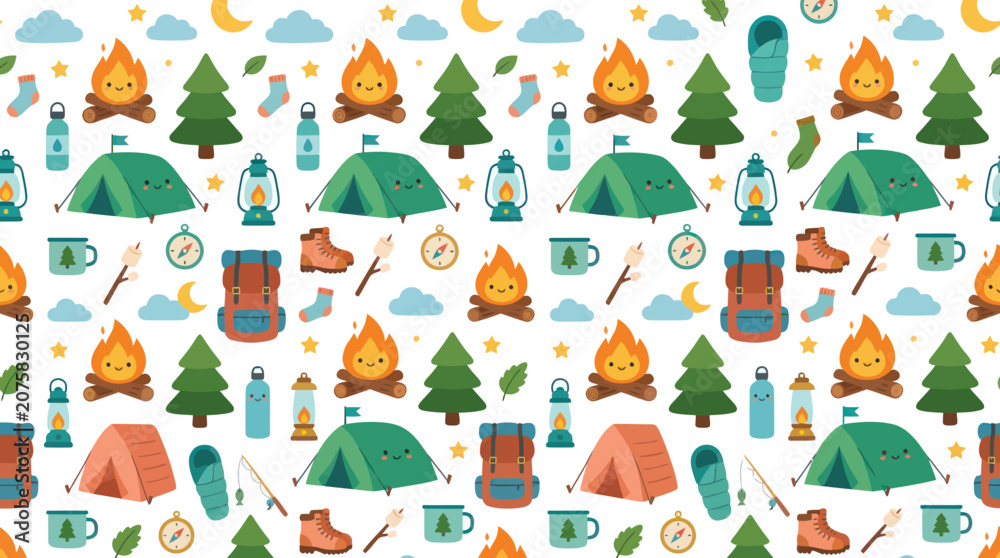 Fototapeta premium Cute Camping Pattern: Campfire, Tent, Backpack, Trees - Flat Vector Art