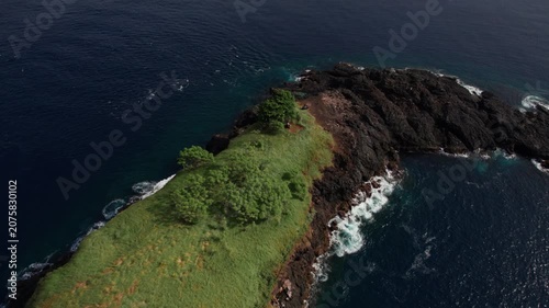 Aerial View of Pulau Paus Rocky Island with Green Grass, Trees and Sunlit Ocean in Bali
