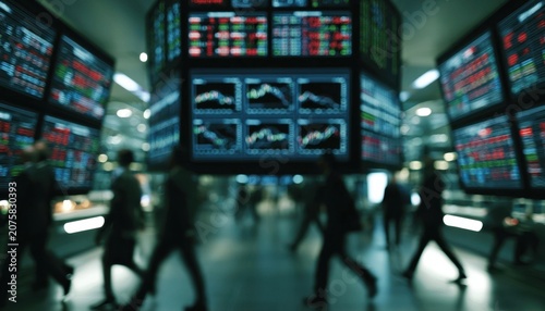 Blurred silhouettes of traders walking past large digital stock market screens in a busy financial trading floor