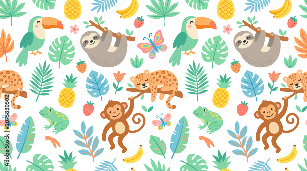 Fototapeta premium Cute Jungle Animals Seamless Pattern - Toucan, Sloth, Monkey, Leopard, Frog