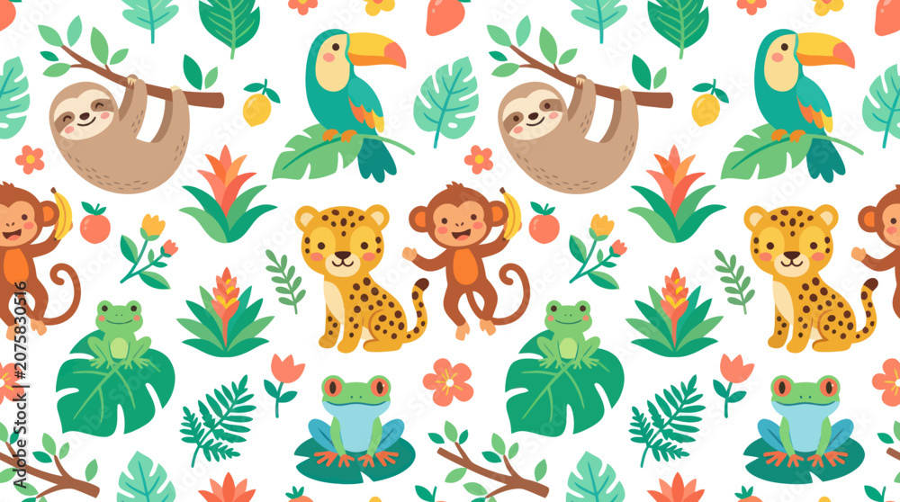 Fototapeta premium Adorable Cartoon Jungle Animals and Tropical Leaves Seamless Pattern. Sloth, Toucan, Monkey, Leopard, Frog Vector for Kids.