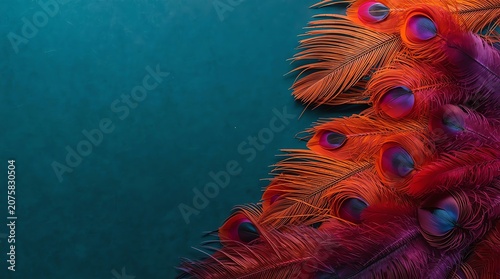 Vibrant Peacock Feathers on Dark Teal Background.