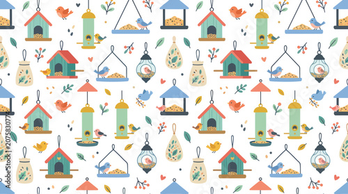 Cute Birdhouse and Bird Feeder Seamless Pattern, Flat Style, Nature