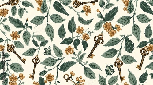 Vintage Botanical Pattern with Ornate Skeleton Keys.