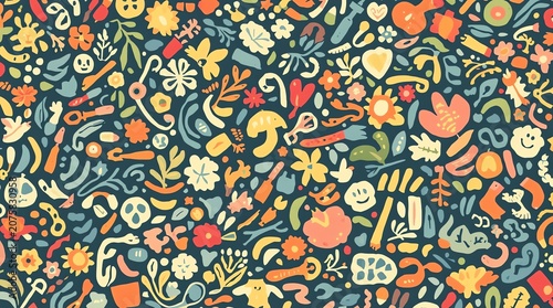 Whimsical Doodle Pattern with Diverse Elements.