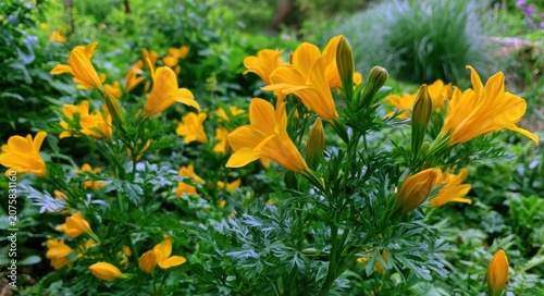 Bright yellow trumpet shaped flowers bloom in lush green garden foliage