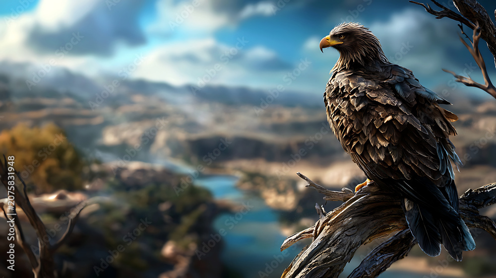 Fototapeta premium Majestic eagle perched on branch overlooking serene landscape, embodying strength and freedom in nature beauty
