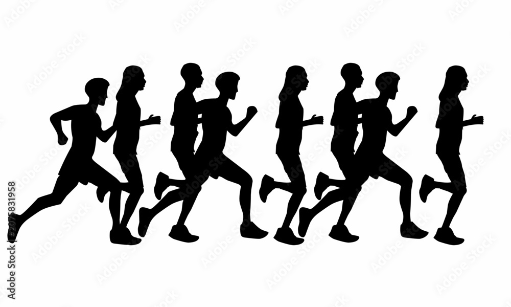 Obraz premium Running people silhouette row, marathon runners group icon, isolated jogging athletes sequence, fitness crowd motion graphic, active sprinting character vector