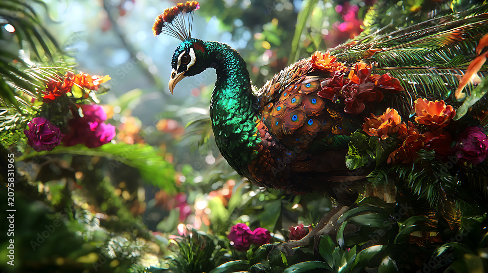 Obraz premium Vibrant peacock displays its colorful feathers amidst lush tropical foliage and blooming flowers, creating stunning natural scene