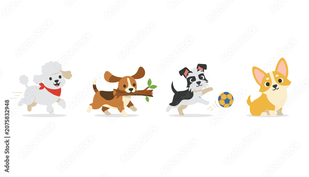 Fototapeta premium Set of four adorable cartoon dogs including a running poodle, beagle with a stick, terrier with a ball, and a cute corgi.