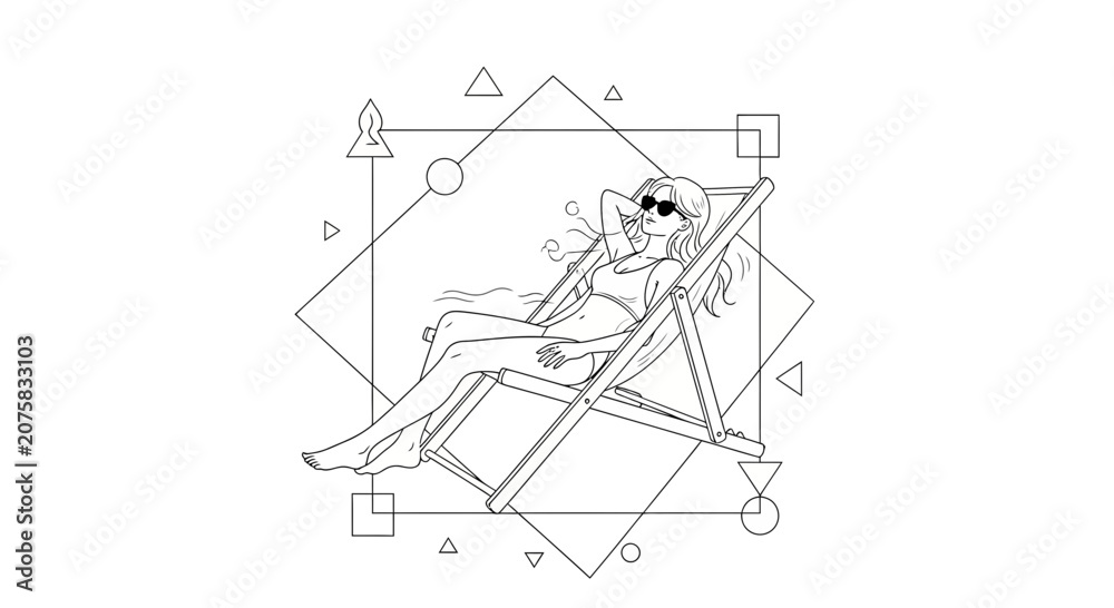 Obraz premium Minimalist Line Art: Woman Relaxing on Deck Chair, Geometric Shapes, Summer Vacation Vibe