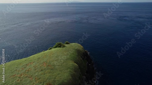 Aerial View of Pulau Paus Rocky Island with Green Grass, Trees and Sunlit Ocean in Bali