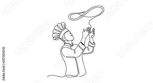 Professional Chef Baker Spinning Pizza Dough in Minimalist Single Line Drawing Style for Restaurant Menus