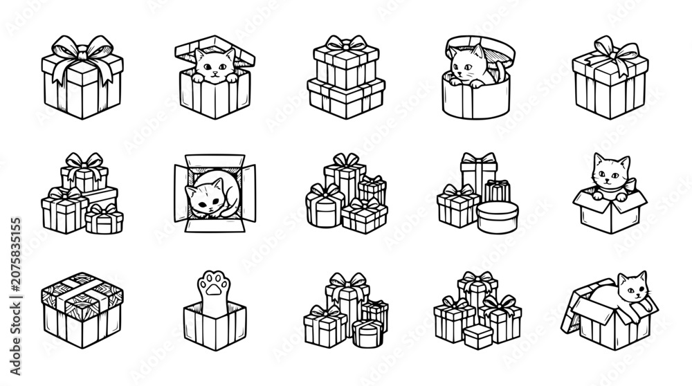 Fototapeta premium Cute Cats Peeking Out of Gift Boxes - Hand Drawn Vector Icon Set