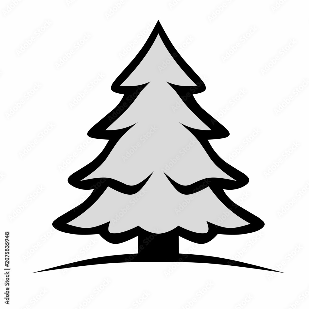 Obraz premium Spruce fir tree icon, grey pine silhouette, winter conifer plant symbol, isolated evergreen timber graphic, minimalist christmas forest element