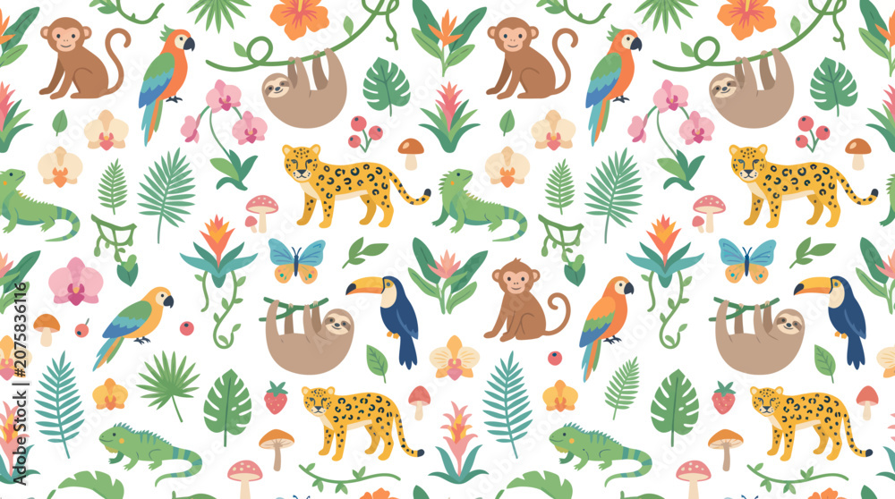 Fototapeta premium Tropical jungle pattern with monkeys, sloths, parrots, leopards, toucans, iguanas, flora