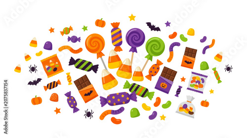 Foto Halloween candy collection for treats and decorations featuring assorted chocolates, lollipops, pumpkins, bats, spiders, stars