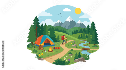 Canvastavla Beautiful winter camping scene with snowcapped peaks, tent, campfire, and hiking trail