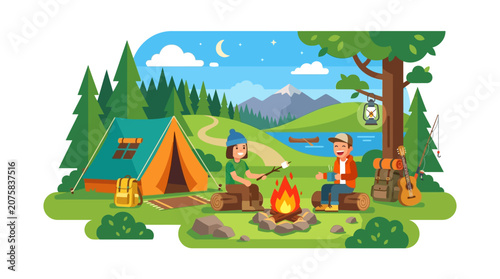 Canvas-taulu Ideal for outdoor and camping concepts, this image features a serene night landscape with happy campers under the moonlit sky